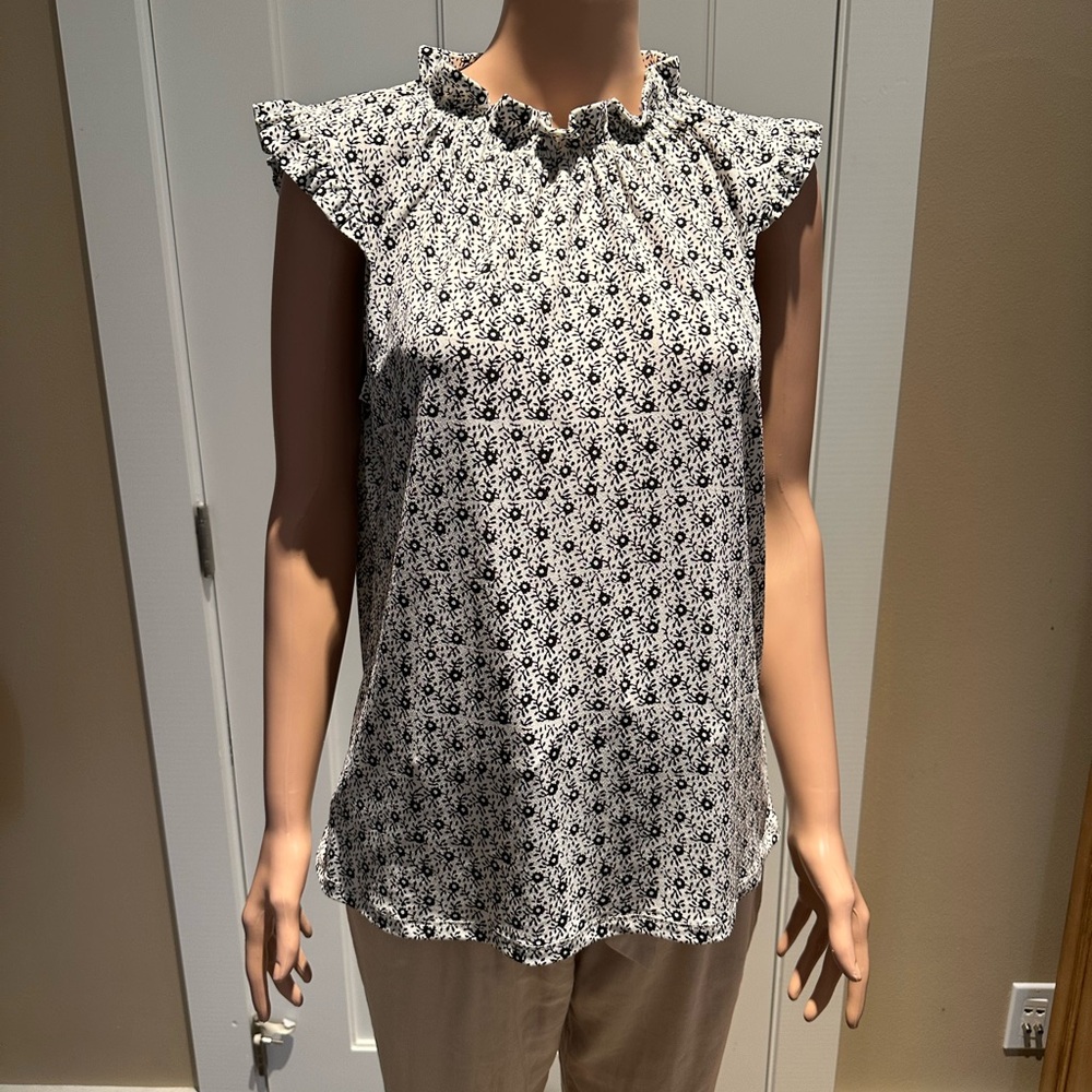 Adrianna Papell Ruffled Blouse White and Black